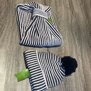 Kate Spade Plaited Rib Cuff Hat and Scarf, Black Pastry Pink